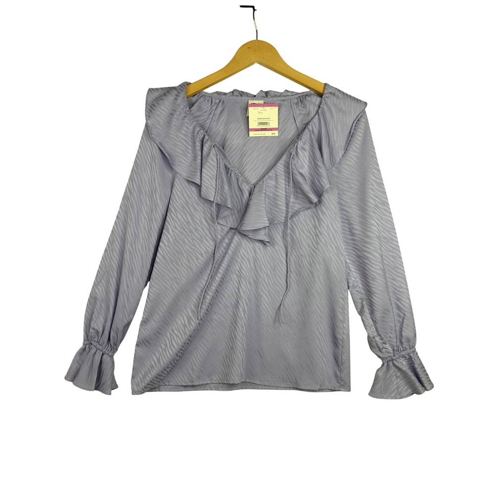 New Anne Klein Satin Animal Striped Ruffle‎ Long Sleeve Blouse size XXS Purple